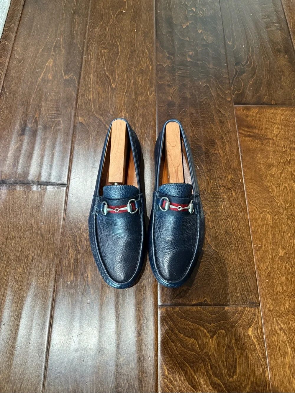 Gucci Navy Leather Horsebit-Detail Loafers